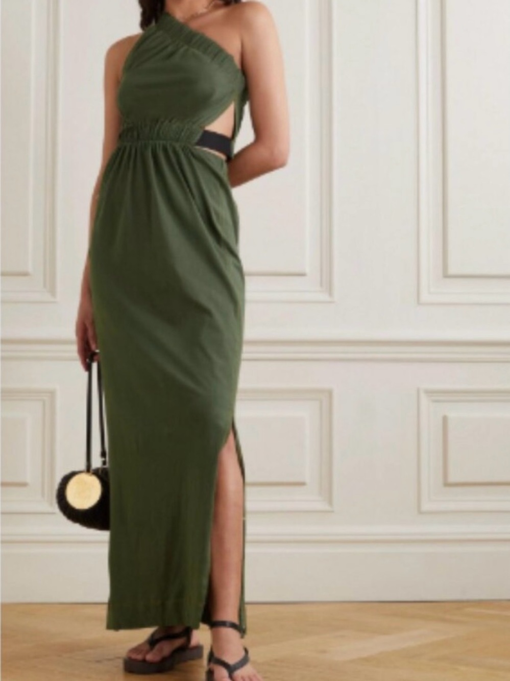 BASSIKE One Shoulder Cut Out Cotton Jersey Midi Dress Khaki Green Size 8